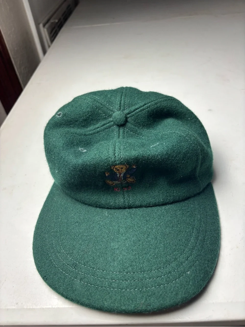 Vintage Polo Ralph Lauren 1993 Sit-down Bear long bill hat Green 100% Wool Sz S